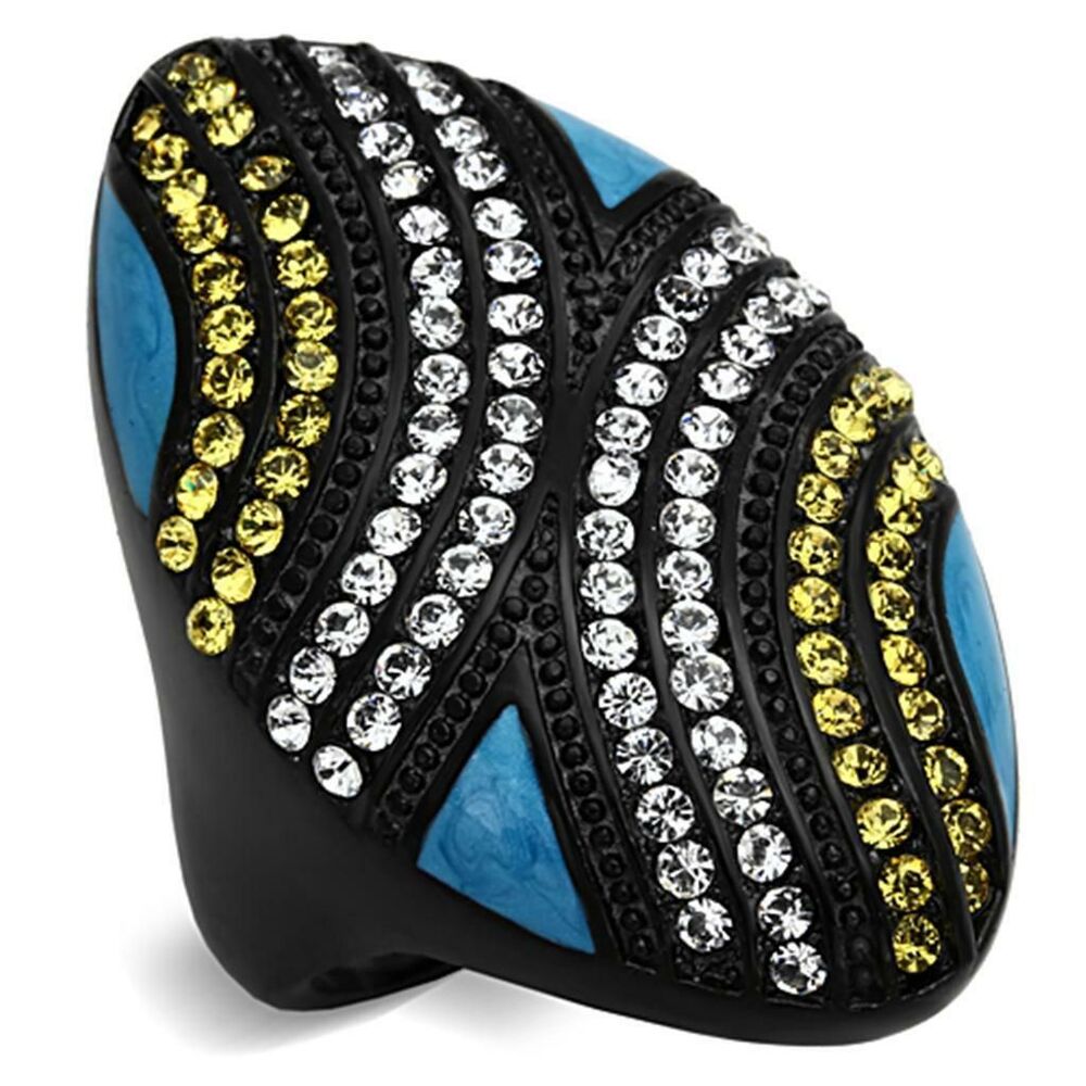 Gothic Glam Citrine Yellow Pave Crystal Ring Bold Black Stainless Steel Size 9